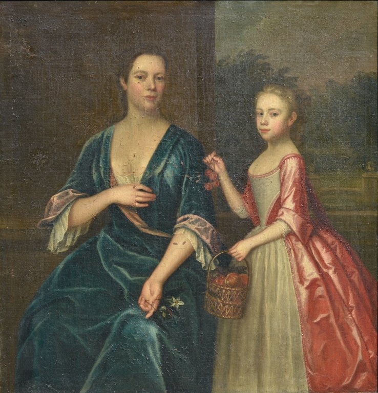 Colonial Portrait - School of J. S. Copley: 18th Century Colonial Portrait, School of John Singleton Copley (American, 1738-1815) Mother and Daughter, circa 1760, size 50 X 48 1/2 inches, oil on canvas, old reproduction frame