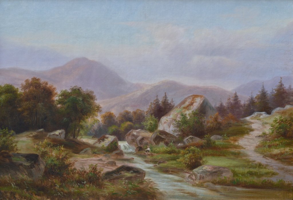 Manner of R. S. Duncanson, Canadian Landscape o/c: Manner of Robert S. Duncanson (American, 1821-1872), Canadian (?) Landscape Study, circa 1865, size 22 1/4 X 32 (with frame 27 1/2 X 37 3/8) inches