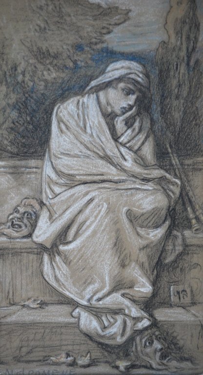 Elihu Vedder, Drawing of Melpomene: Elihu Vedder (American, 1836-1923), Melpomene, drawing, signed with monogram, mixed media on paper, size 8 1/2 x 4 3/4 inches, framed 13 3/8 x 9 1/8 inches