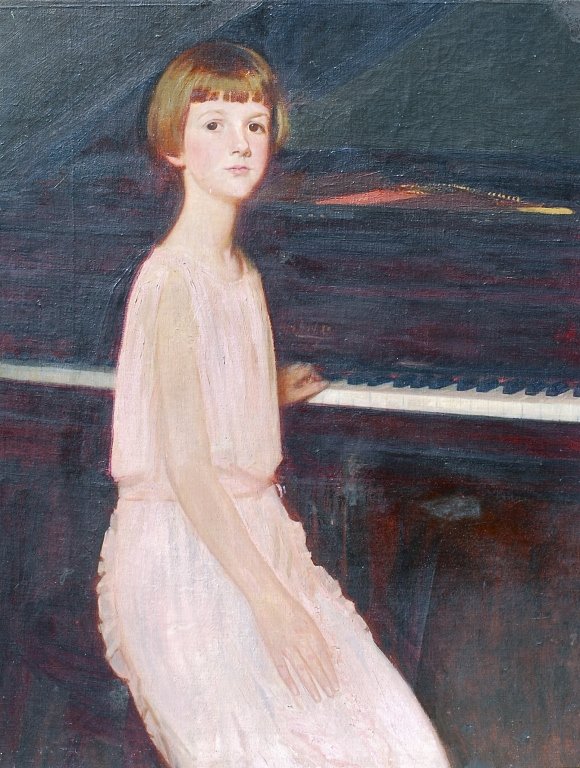 American Impressionist, Girl at Piano o/c: American Impressionist, Young Girl at Piano, oil on canvas laid to board, 34 1/2 x 26 3/4 inches