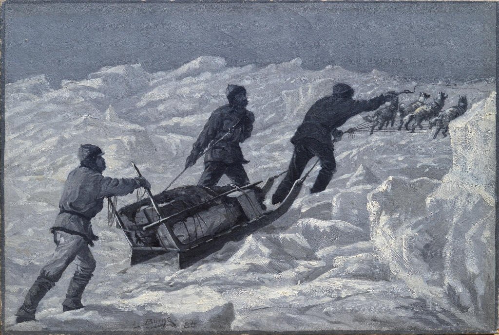 Milton J. Burns, Arctic Painting: Milton J. Burns (American, 1853-1933), Dog Sledding in the Arctic, 1880, signed lower left "Burns 80". (Founding member of the Salmagundi Club in 1871).