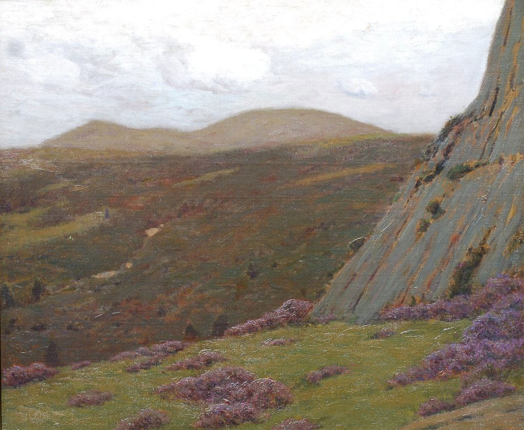 attr. H.D Puthuff, California Landscape o/c: Attributed to Hanson Duvall Puthoff (American, 1875-1972), California Landscape, unsigned, size 30 x 36 (with frame 37 1/2 x 43 1/2) inches. exhibition label (528) on verso