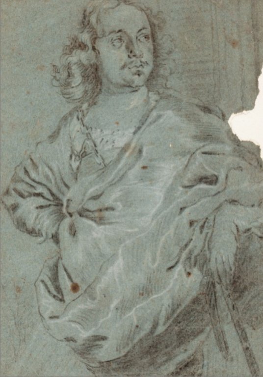Old Master Drawing: Flemish School (17th/18th Century) Portrait of a Man in Robe, charcoal and white chalk on blue paper 12 1/4 x 8 3/4 inches, Provenance: Chevalier Emile d'Henin