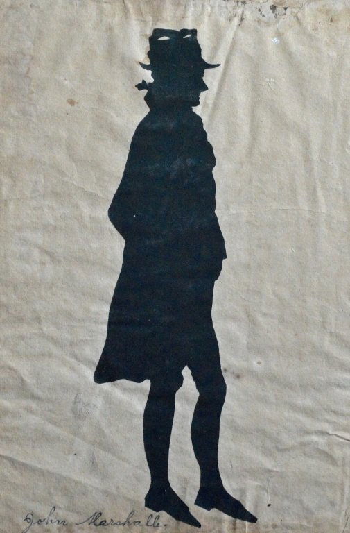 Silhouette of John Marshall: Framed hollow cut silhouette of man identified as John Marshall, 12 3/8 X 9 inches, frame size 13 3/8 X 9 7/8 inches.