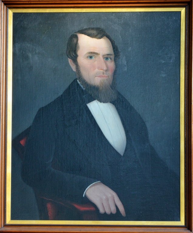 Folk Portrait of Bearded Man: Portrait of a bearded man, manner of Ammi Phillips, oil on canvas, old restoration, relining with replaced stretchers and expandable museum keys, 33 1/8 X 26 7/8 inches; frame 36 3/4 X 30 1/2 inches.