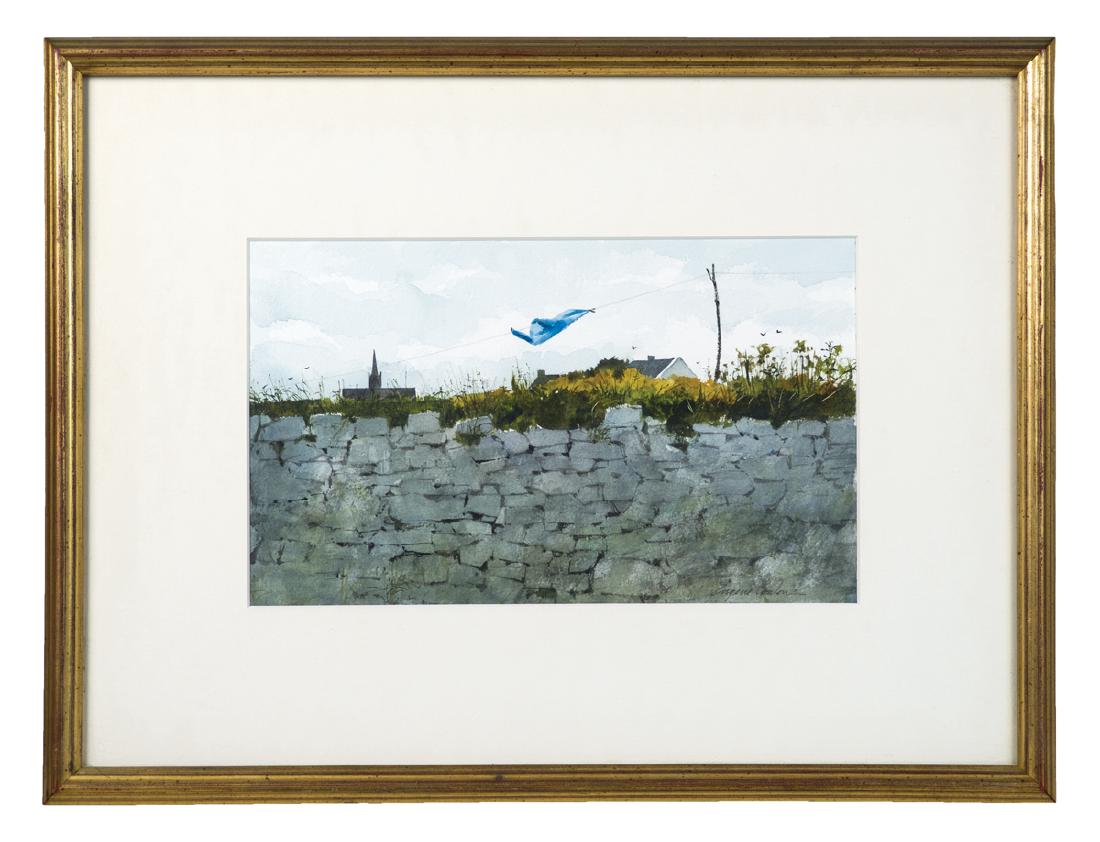 LANDSCAPE WATERCOLOR Stone wall with a blue shirt,: LANDSCAPE WATERCOLOR Stone wall with a blue shirt, signed l.r. "Eugene Conlon" (1925-2001), member of National Academy of Design, American Watercolor Society, framed and matted, 6 3/4" x 10 3/4" (sigh