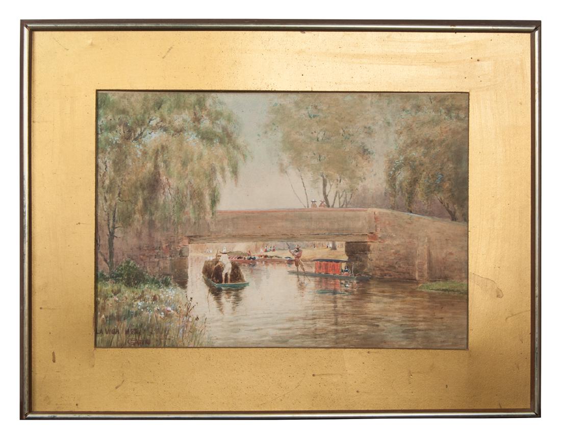 ANTIQUE FRAMED LANDSCAPE WATERCOLOR River scene of: ANTIQUE FRAMED LANDSCAPE WATERCOLOR River scene of bridge and boats in Mexico, boatmen, poling skiffs, and figures on the bridge, signed l.l. "La Viga, Mex., G.F. Brunn", framed and matted, (sans glas
