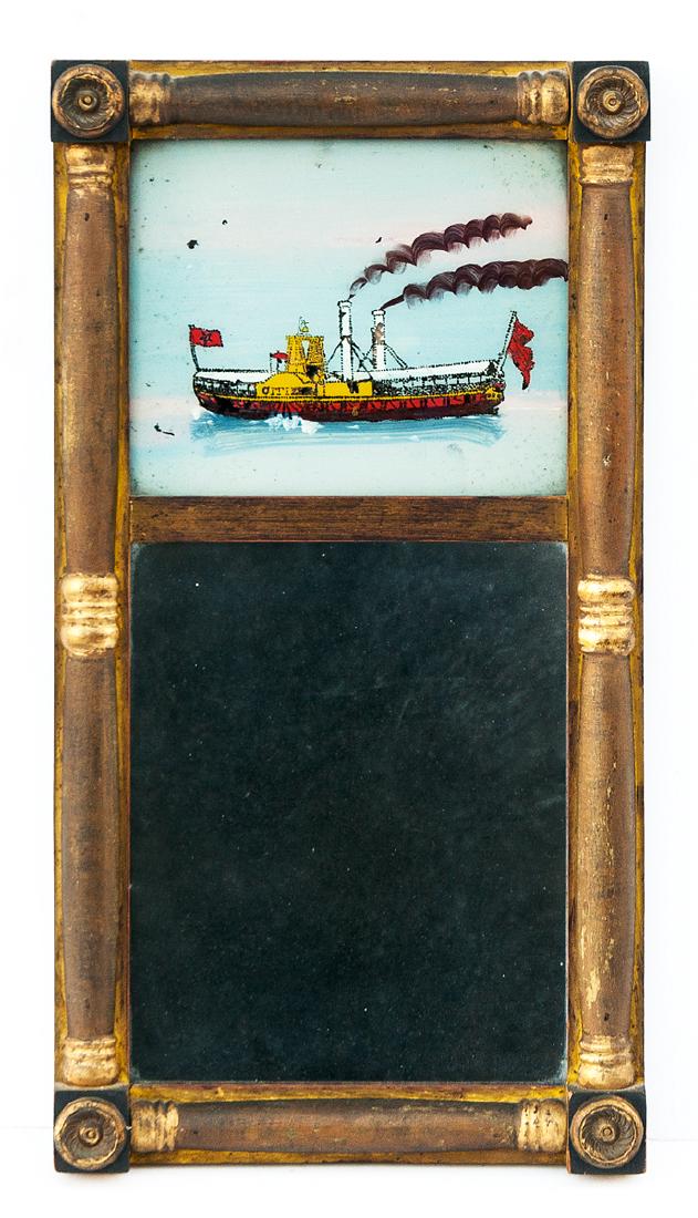 MID 19TH C. SHERATON LOOKING GLASS New England, split: MID 19TH C. SHERATON LOOKING GLASS New England, split balustrade, with reverse painted paddle wheel steamboat, with two stacks and trailing smoke, painted red and white, the "Citizen", gilded frame, f