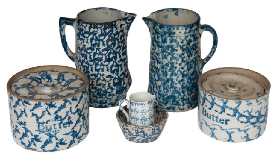 SIX 19TH C. SPONGEWARE PIECES Blue and white: two: SIX 19TH C. SPONGEWARE PIECES Blue and white: two butter crocks, 4 1/2" and 5" h; Two pitchers, 9" h; Miniature pitcher, 3 1/2" h, and bowl, 2" h; (some cracks and chips), (ex. Curry collection).