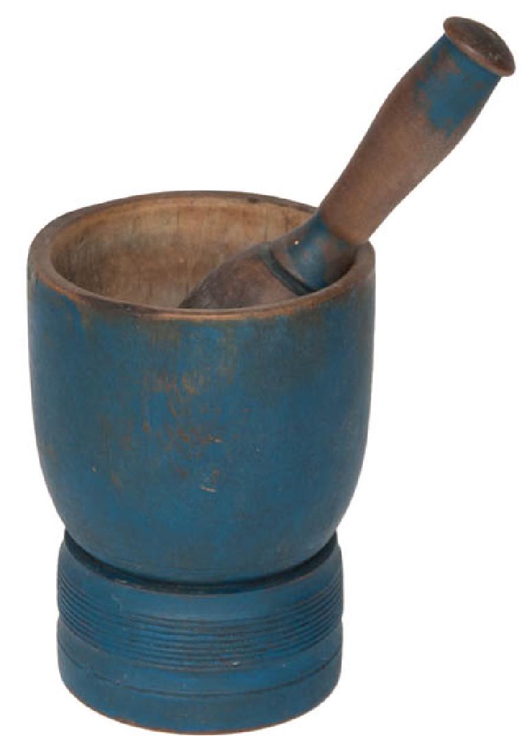 EARLY 19TH C. MORTAR AND PESTLE New England, maple,: EARLY 19TH C. MORTAR AND PESTLE New England, maple, original blue painted finish, 8" h, 5 1/2" w, 9" pestle.