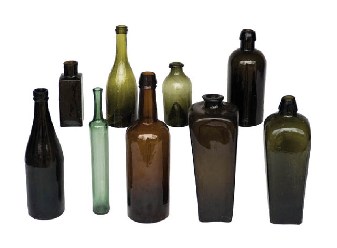 COLLECTION OF NINE 18TH AND 19TH C. BOTTLES Whiskey,: COLLECTION OF NINE 18TH AND 19TH C. BOTTLES Whiskey, gins, and medicines, some with broken and polished pontils, 4 1/2" to 9" h.