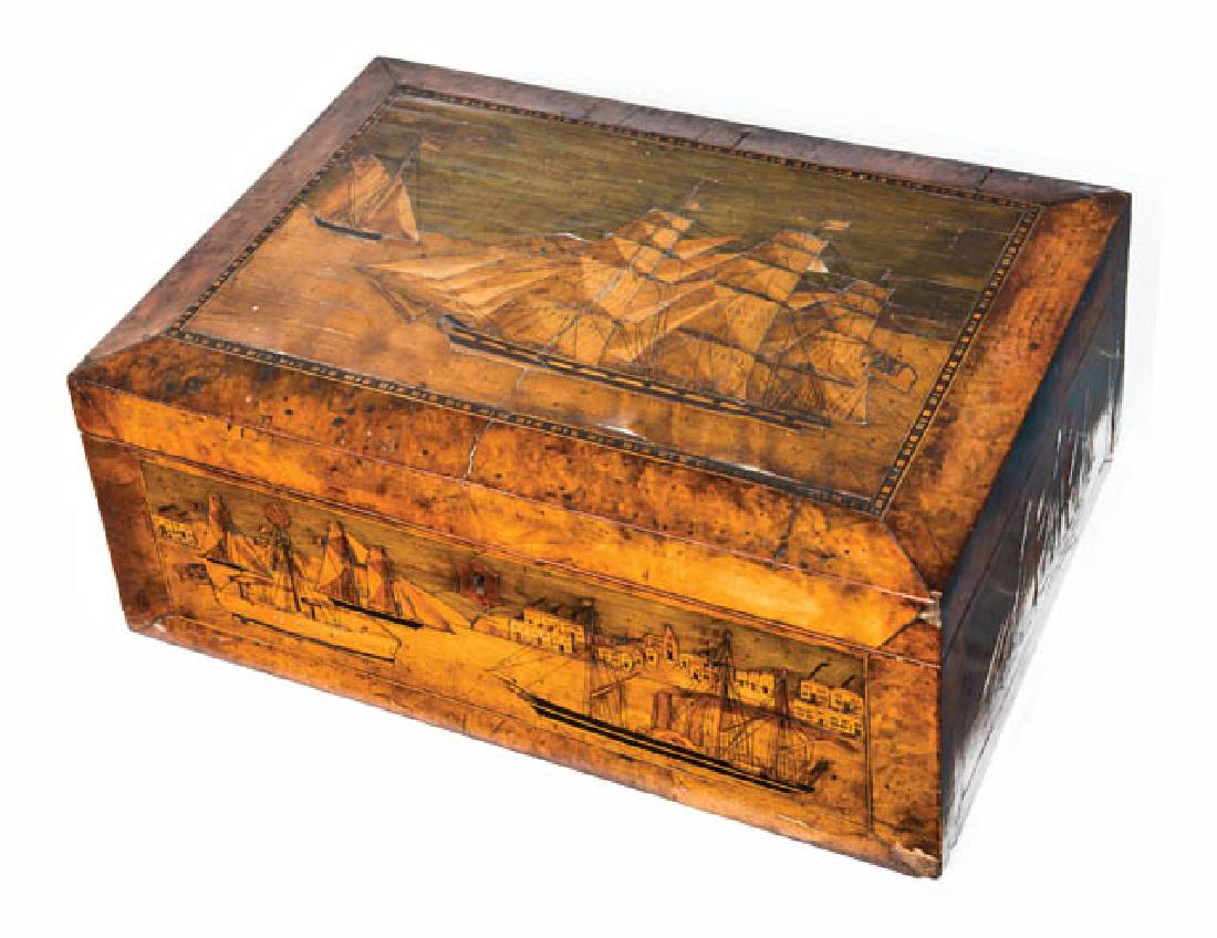 19TH C. INLAID BUREAU BOX Lid with a three-masted ship: 19TH C. INLAID BUREAU BOX Lid with a three-masted ship in full sail, with flag of Great Britain, another British ship in background, front showing four ships "NORE" and a town scene in background, lef
