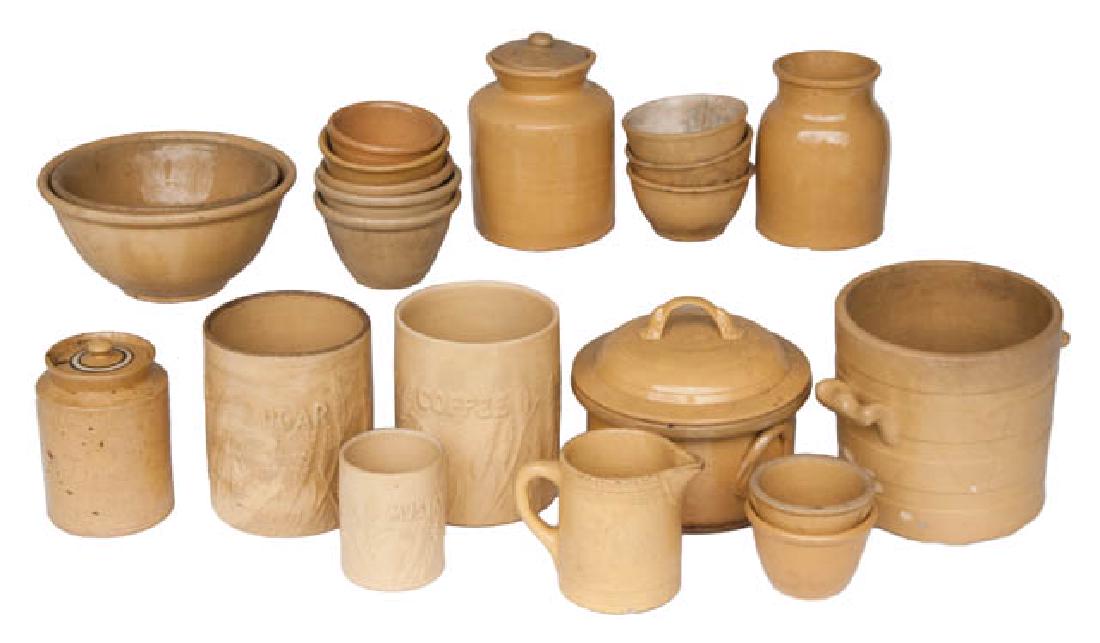 19TH/EARLY 20TH C. YELLOWARE COLLECTION Large: 19TH/EARLY 20TH C. YELLOWARE COLLECTION Large collection of yelloware ceramic kitchenware, including jars, bowls, puddings, "mustard", "coffee" and "sugar" jars with sheath of wheat decoration, et al,