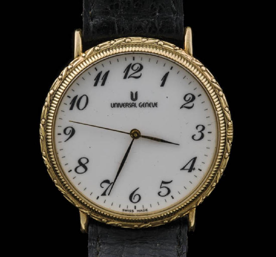 GENTLEMAN'S WRISTWATCH 14K "Universal Geneve": GENTLEMAN'S WRISTWATCH 14K "Universal Geneve" wristwatch, leather band, a presentation watch to "Robert Tessier Architect 1997", #48166, from a Duxbury, MA estate.