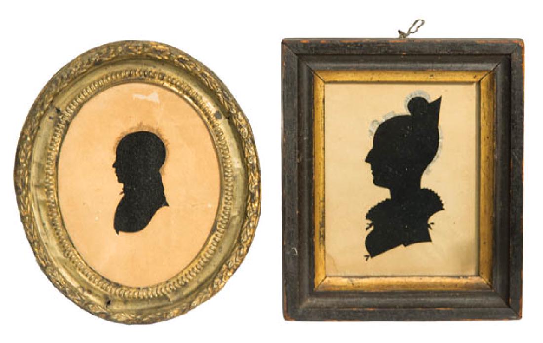 TWO 19TH C. SILHOUETTES Young gentleman, in an oval: TWO 19TH C. SILHOUETTES Young gentleman, in an oval brass decorated frame, penciled hair (small section missing at top), 3 1/2" (sight); Young lady, with ruffled collar and penciled hair highlights, b