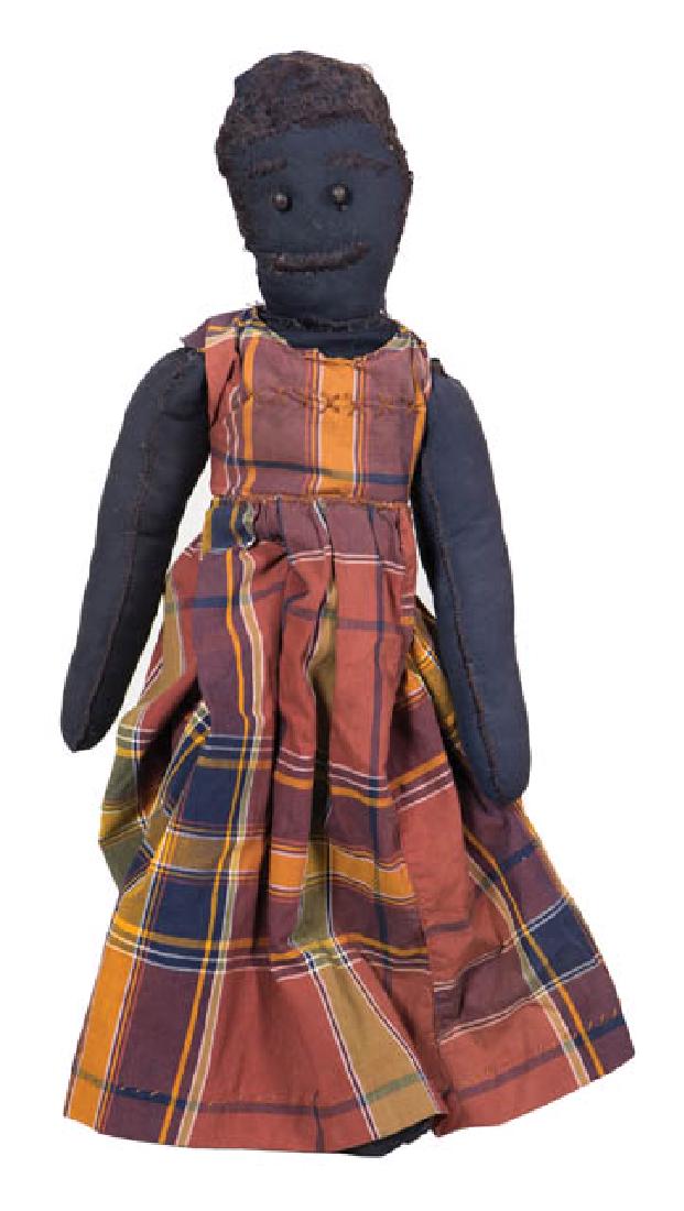 EARLY 20TH C. BLACK DOLL Black shoe button eyes, sewn: EARLY 20TH C. BLACK DOLL Black shoe button eyes, sewn hair, eyebrows and lips, rust colored calico dress, machine and hand sewn, 18 1/2" h.
