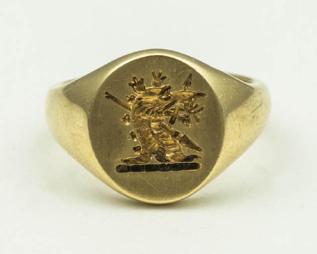 TIFFANY SIGNET RING 14K gold signet ring, marked: TIFFANY SIGNET RING 14K gold signet ring, marked "Tiffany & Co.",with dragon and spear, 6.88 G Total Wt, 4.43 DWT, size 4.