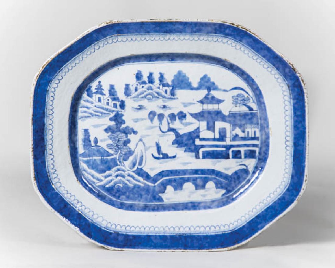 CANTON PLATTER AND BOWL 19th c. Chinese Canton: CANTON PLATTER AND BOWL 19th c. Chinese Canton octagonal serving platter, 17 1/2" x 14 1/2", overall good condition; Square Canton serving bowl, with original lid, possibly a repair to finial, 5 1/2" 
