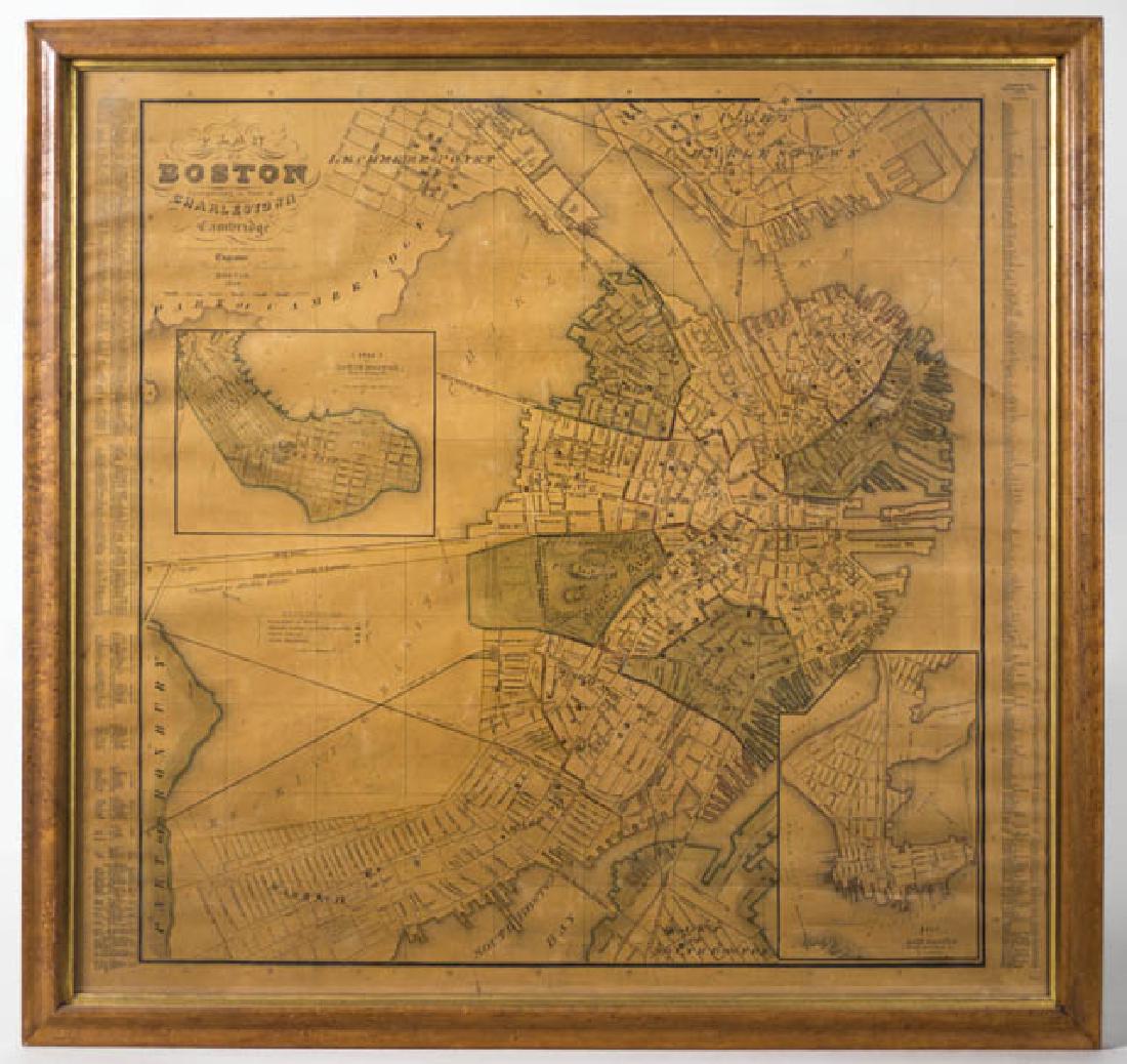 "PLAN OF BOSTON" 1846 Framed "Plan of Boston, part of: "PLAN OF BOSTON" 1846 Framed "Plan of Boston, part of Charlestown, and Cambridge, published by George G. Smith, Engraver, Corner of Washington & Franklin Sts, Boston, 1846", insert closeups of South a