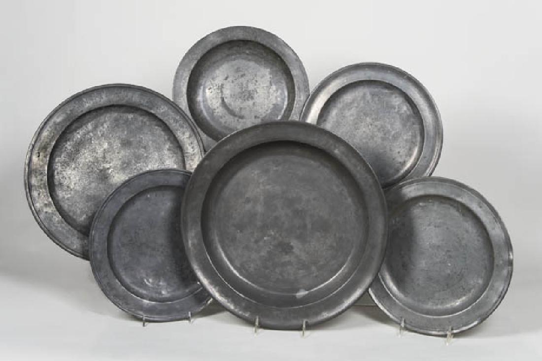 SIX ANTIQUE PEWTER CHARGERS Some marked "London",: SIX ANTIQUE PEWTER CHARGERS Some marked "London", various conditions, 12" to 16" dia.