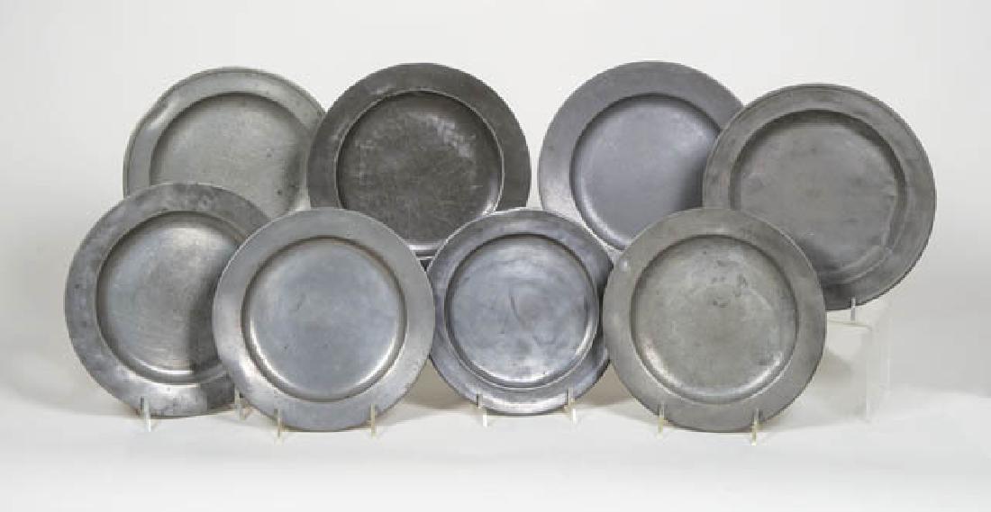 EIGHT ANTIQUE PEWTER PLATES European and English: EIGHT ANTIQUE PEWTER PLATES European and English hallmarks, various conditions, 9" dia.