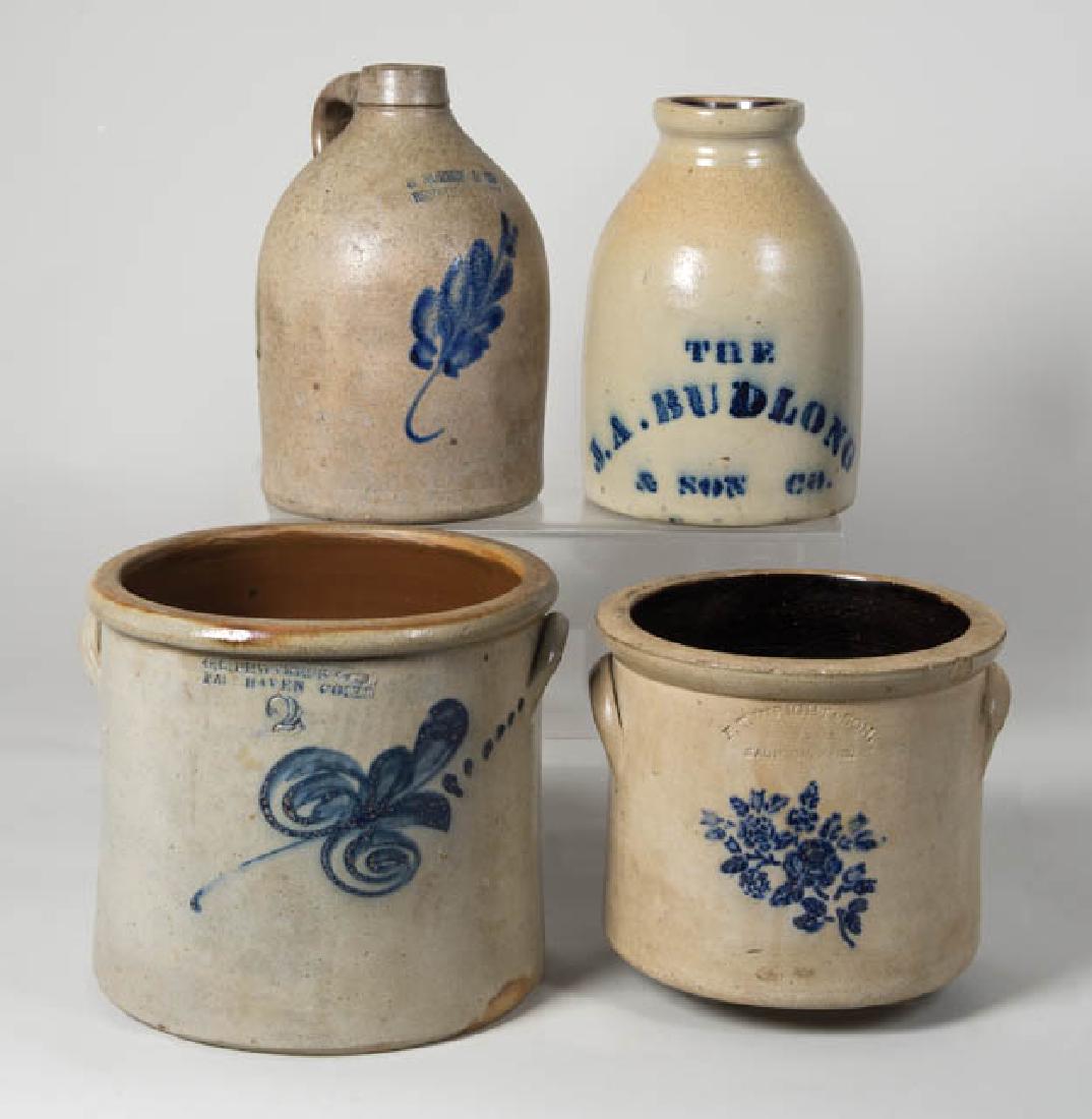 FOUR 19TH C. DECORATED STONEWARE PIECES Two crocks with: FOUR 19TH C. DECORATED STONEWARE PIECES Two crocks with floral decoration, one marked "S.L. Pewtress & Co, Fairhaven, Conn", two-gallon, and "F.T. Wright & Son Stoneware, Taunton, Mass"; a sprig decor