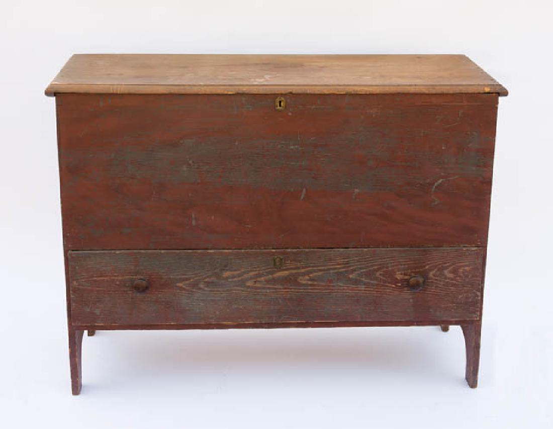 19TH C. BLANKET CHEST Pine, red painted finish,: 19TH C. BLANKET CHEST Pine, red painted finish, bootjack ends, single dovetailed drawer, walnut pulls, two board back, 32" h, 42" w, 17 1/2" d.