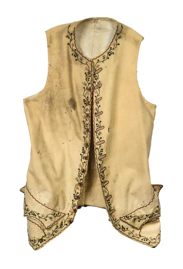 18TH C. GENTLEMAN'S VEST Embroidered with metallic: 18TH C. GENTLEMAN'S VEST Embroidered with metallic thread, red, green, white and black on a wool background, pockets, cotton lining, moth damage, 12 embroidered buttons, 24" l at middle, 30" l at the 