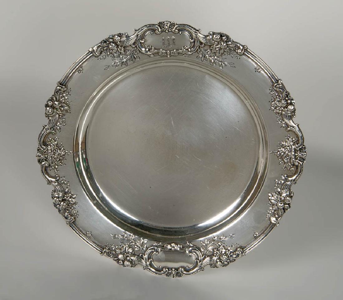 STERLING SILVER TRAY Round sterling silver tray,: STERLING SILVER TRAY Round sterling silver tray, "Francis I" pattern, (34 oz t Total wt), 14" dia, (ex. Wiseman estate, California).