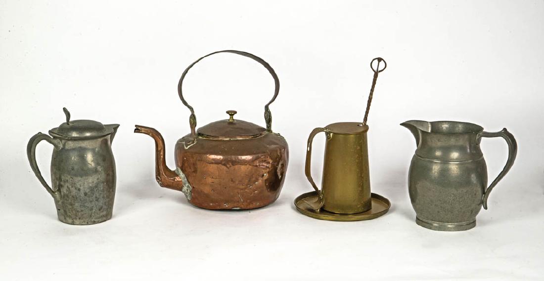 FIRE LIGHTER, TEAKETTLE, COFFEE POT AND PITCHER: FIRE LIGHTER, TEAKETTLE, COFFEE POT AND PITCHER Brass Cape Cod fire lighter with tray, 6" h (with tray), "Cape Cod Shop"; Large early copper teakettle for fireplace, 12" h (with handle); Pewter Purita