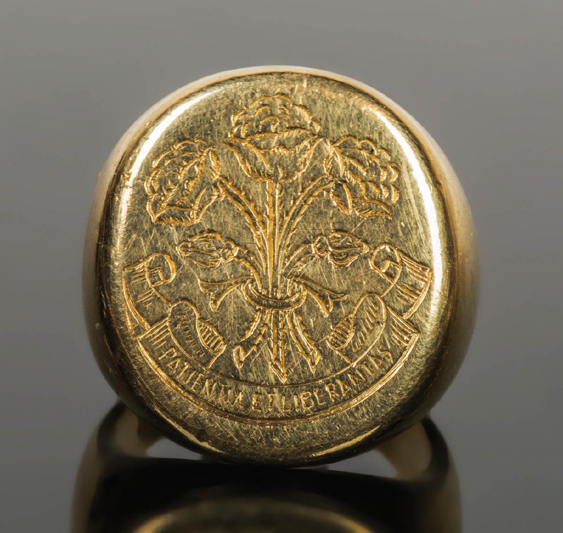 ENGRAVED GOLD RING: ENGRAVED GOLD RING 14K gold ring, engraved with bouquet, 22.07 gms, engraved with "Patientia Et Liberantas" (Patience and Freedom), size 6.