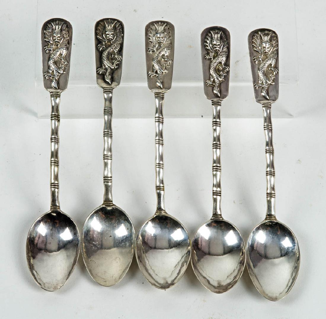 STERLING ASIAN DECORATIVE SPOONS: STERLING ASIAN DECORATIVE SPOONS Five spoons for demitasse coffees, 2 oz t.