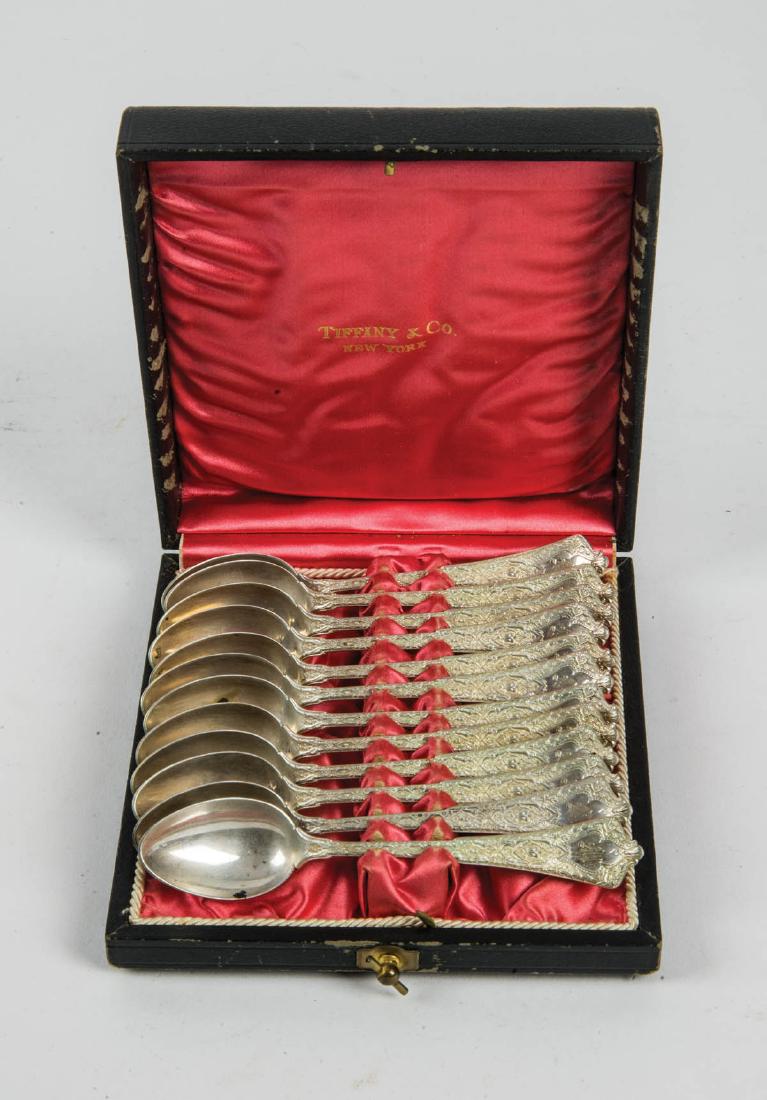 TIFFANY STERLING TEASPOONS: TIFFANY STERLING TEASPOONS Set of 12 Tiffany sterling teaspoons, in original box with red silk lining, 5.5 oz t.