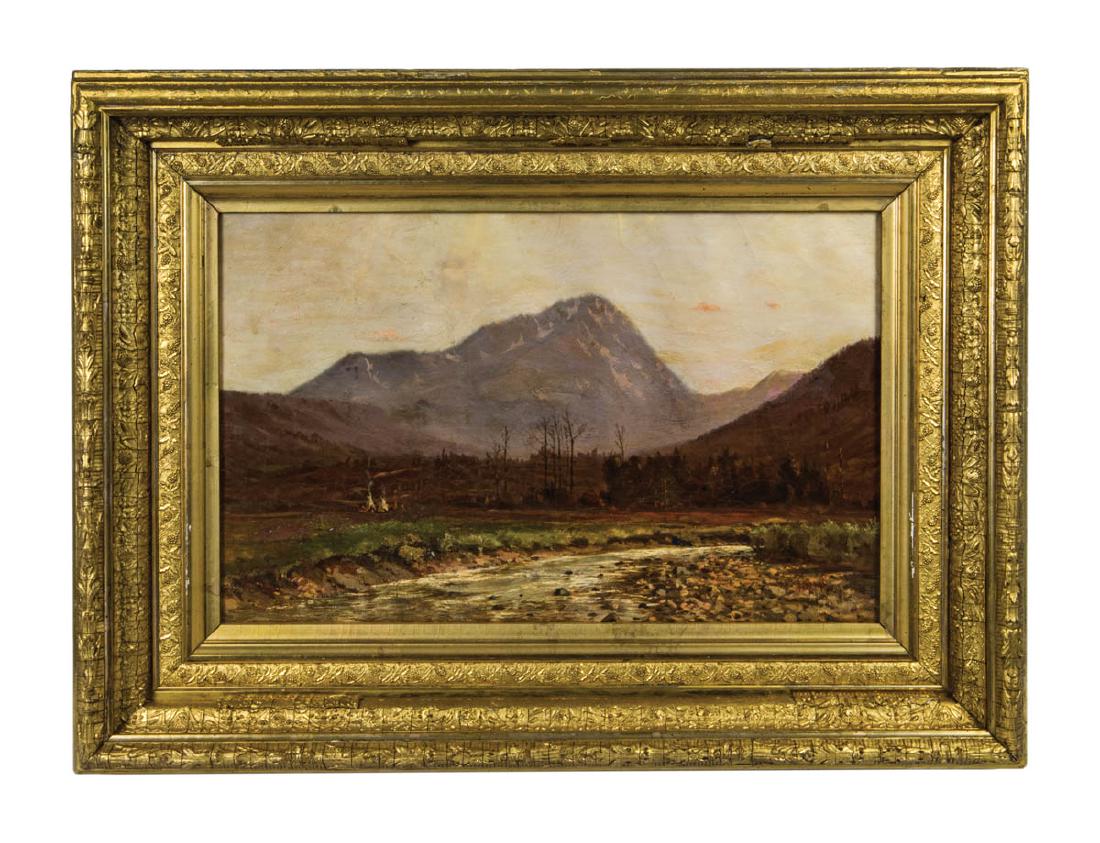 19TH C. WESTERN LANDSCAPE: 19TH C. WESTERN LANDSCAPE Oil on canvas, western landscape with river and four Native American figures, teepees with smoke swirling on left, and mountains in background, signed l.r. "ADAMS, 85", (Amer