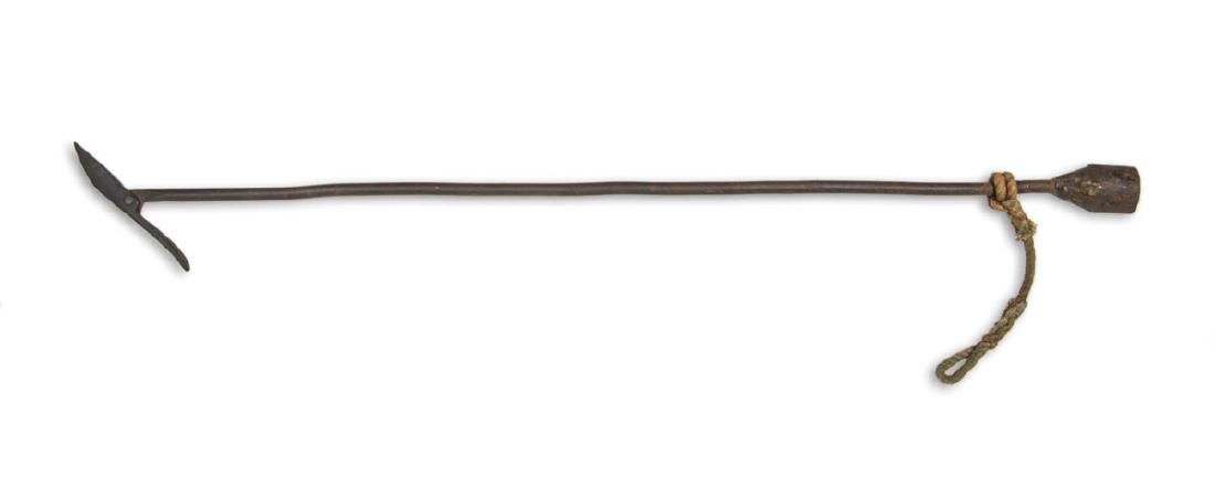 RARE 19TH C. GROMMET IRON WHALING HARPOON: RARE 19TH C. GROMMET IRON WHALING HARPOON Harpoon with what appears to be original braided retrieving rope, bronze repair at the back end, these irons were developed between 1835 and 1845, and were al
