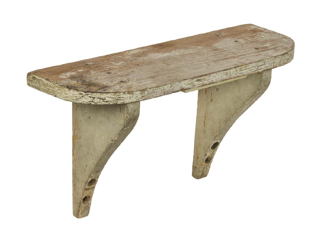 TWO SHELVES, AND A WORK BOX Small, rounded corner pine: TWO SHELVES, AND A WORK BOX Small, rounded corner pine shelf, with two canted brackets under, old white paint, tagged "Wash House, South Family, Enfield, CT Shakers", 8" h, 14" l; Hanging four-tier sh
