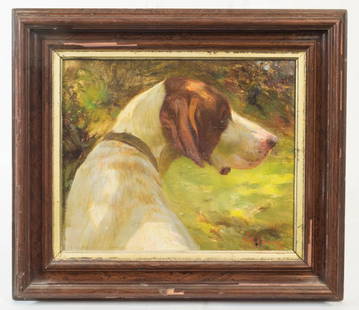 PAINTING BY HENRY RANKIN POORE Oil on canvas, Henry: PAINTING BY HENRY RANKIN POOREOil on canvas, Henry Rankin Poore (American, 1859-1940), known for animal portraits, portrait of a hunting dog in mottled light, ("Pointer" pencil inscription on upper