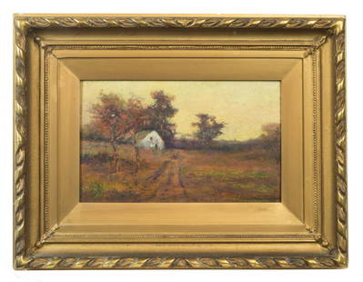 PAINTING BY LOUIS RICHARDSON Oil on board, Louis H.: PAINTING BY LOUIS RICHARDSONOil on board, Louis H. Richardson (American, New Bedford, MA, 1853-1923), impressionist landscape with white farm house and a figure on path, signed l.r. "Louis H.