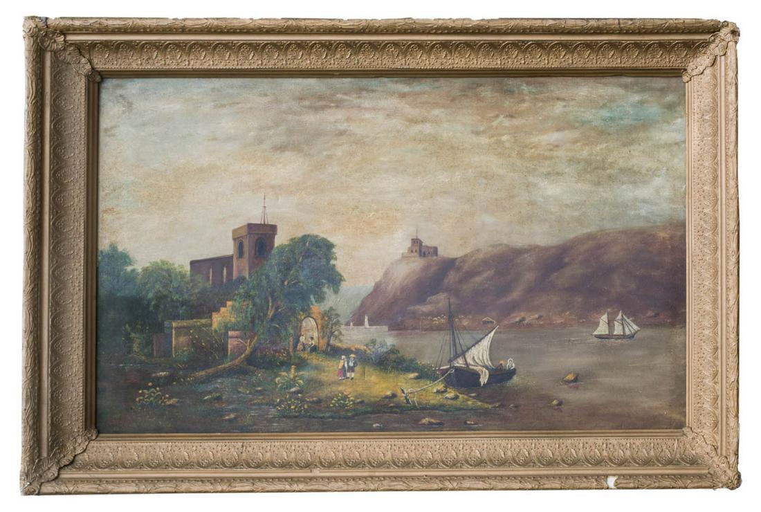 PRIMITIVE LANDSCAPE 19th c. oil on canvas, primitive (1 of 1)