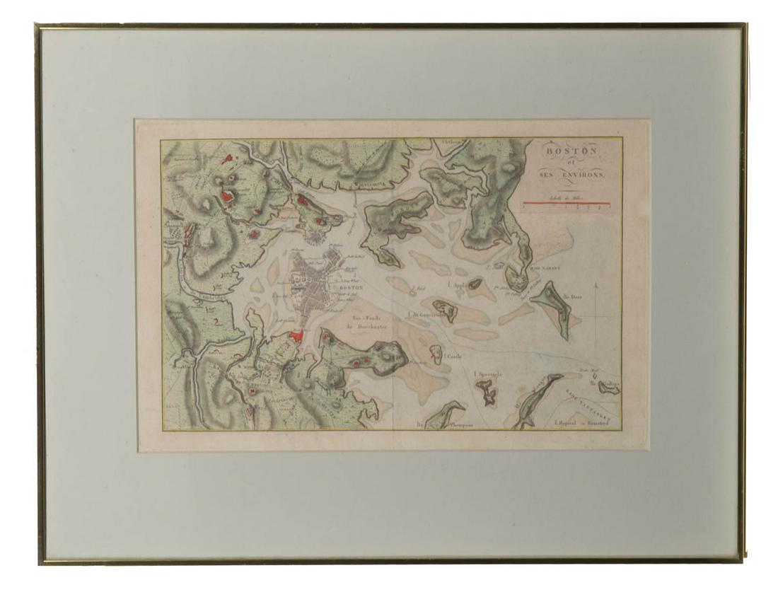 MAP OF BOSTON 1807 framed map of Boston, titled "Boston: MAP OF BOSTON 1807 framed map of Boston, titled "Boston et ses Environs", by John Marshall Denter, Amprimeur-Libraire, Paris, atlas map, 22cm x 33cm, folded, hand-colored, overall good condition.