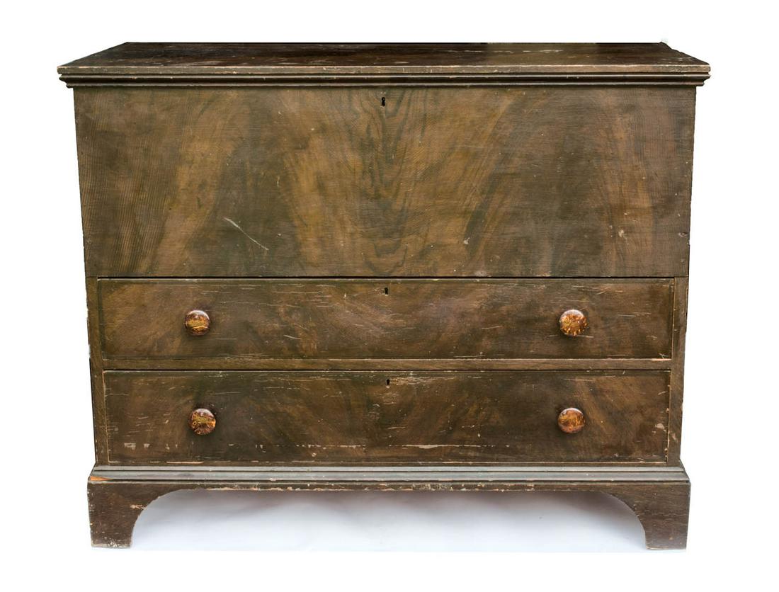 19TH C. BLANKET CHEST Pine, grain painted in tan and (1 of 2)