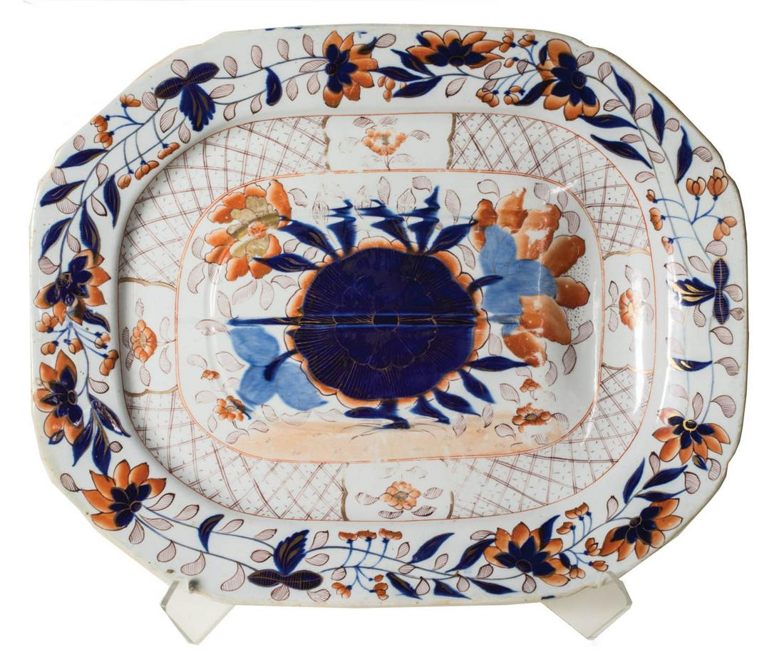 TWO PIECES OF MASON'S IRONSTONE Exceptional ironstone: TWO PIECES OF MASON'S IRONSTONE Exceptional ironstone turkey platter, marked "Mason's", in cobalt, blue and orange floral designs, minor wear from cleaning, 22" l; and a similar decorated serving bowl