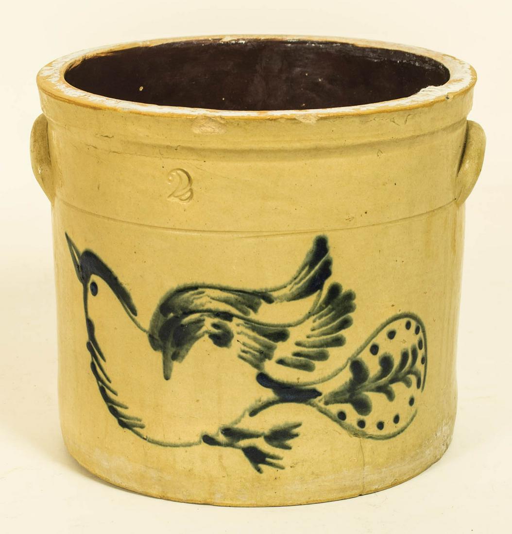 RARE 19TH C. STONEWARE CROCK With flying blue bird, (1 of 1)