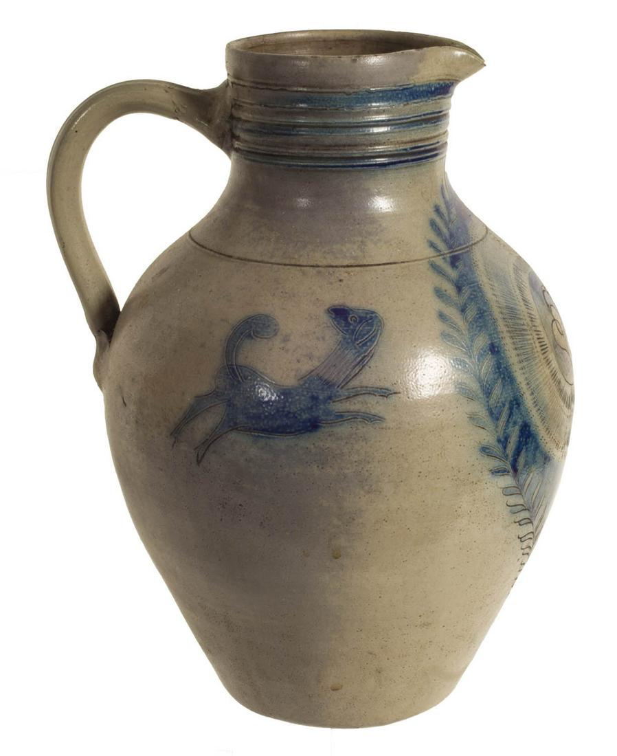 19TH C. OVOID PITCHER Large stoneware decorated (1 of 3)