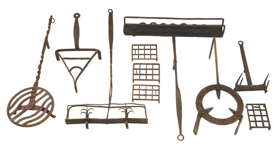 WROUGHT IRON TRIVETS, AND TOASTERS Collection of New: WROUGHT IRON TRIVETS, AND TOASTERS Collection of New England wrought iron trivets, two swivel toasters, (one with tree designs), Shaker style rectangular trivets.