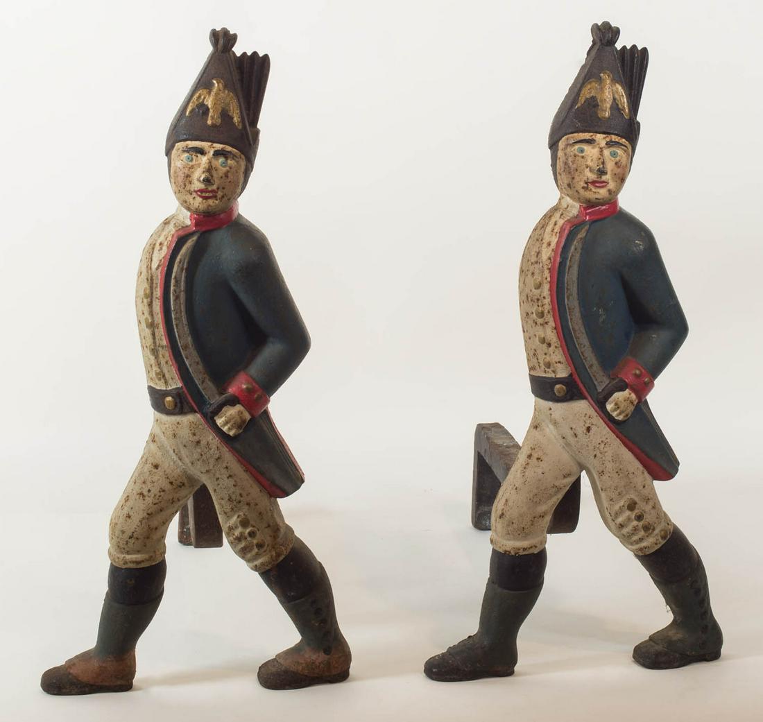 19TH C. CAST IRON ANDIRONS Pair of colorful American (1 of 1)