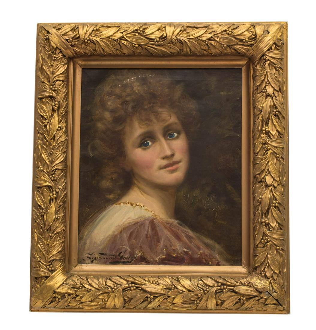 PORTRAIT OF YOUNG LADY Oil on canvas, excellent: PORTRAIT OF YOUNG LADY Oil on canvas, excellent portrait of a young lady with pearl headband/tiara, and sparkling sky blue eyes, in a heavily carved leaf and berry gilded frame, signed l.l. "Sigismund