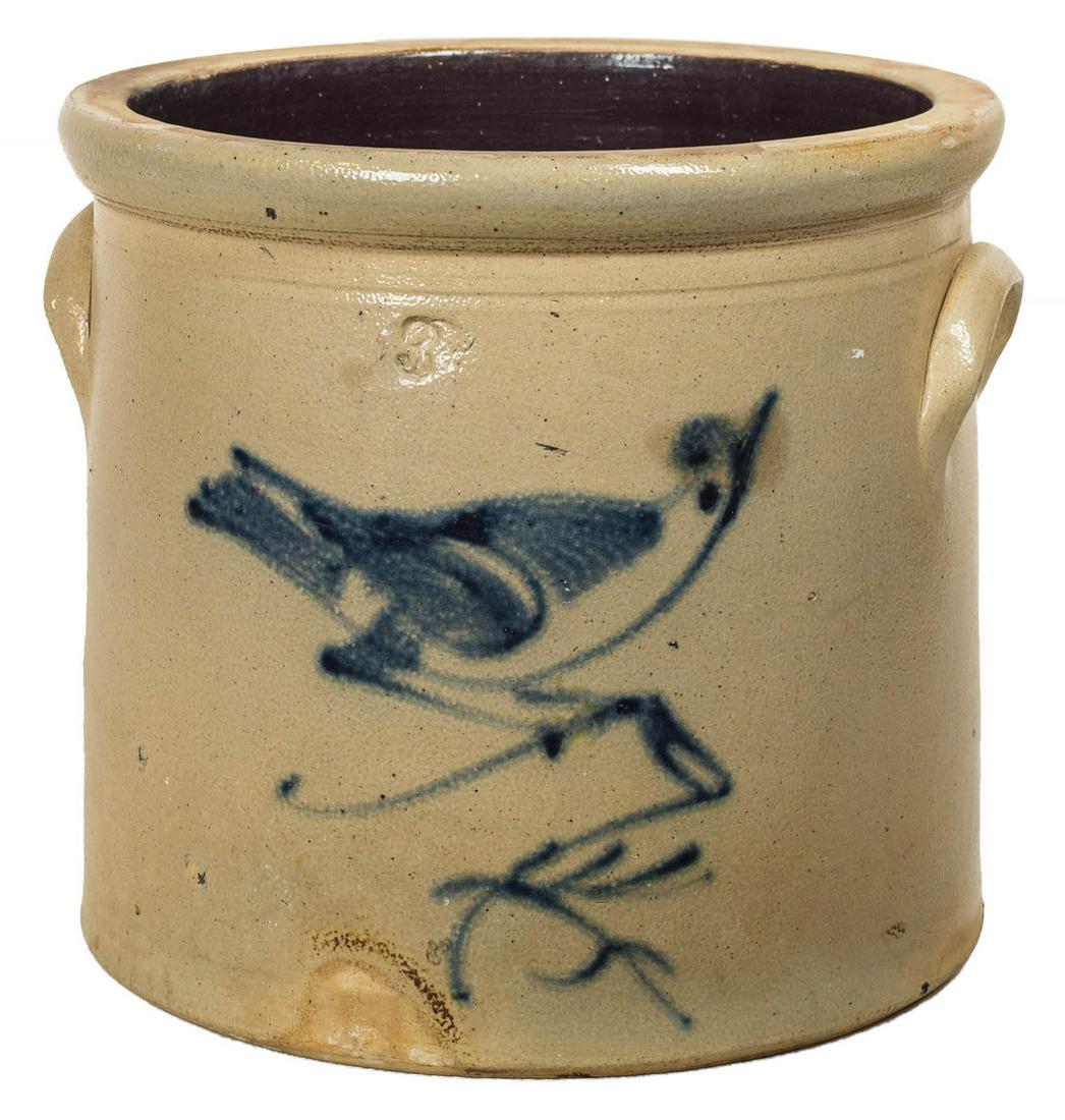 19TH C. STONEWARE CROCK Three-gallon, with cobalt (1 of 1)
