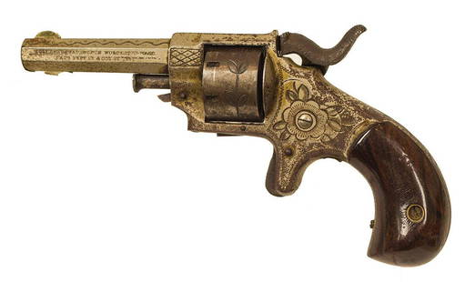 .22 CALIBER RIMFIRESmall six shot pistol, marked: .22 CALIBER RIMFIRESmall six shot pistol, marked "Forehand & Wadsworth, Worcester Mass, pat 1861", (son-in-laws of Ethan Allen), heavily engraved, side hammer, 5" l.