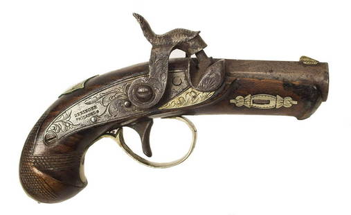 PERCUSSION DERRINGERSingle shot percussion derringer,: PERCUSSION DERRINGERSingle shot percussion derringer, marked "Derringer Philadelphia", signed on top of barrel "G. Curry, San Francisco Cal. Agent", .45 caliber percussion, c. 1852-1863, (note: Booth